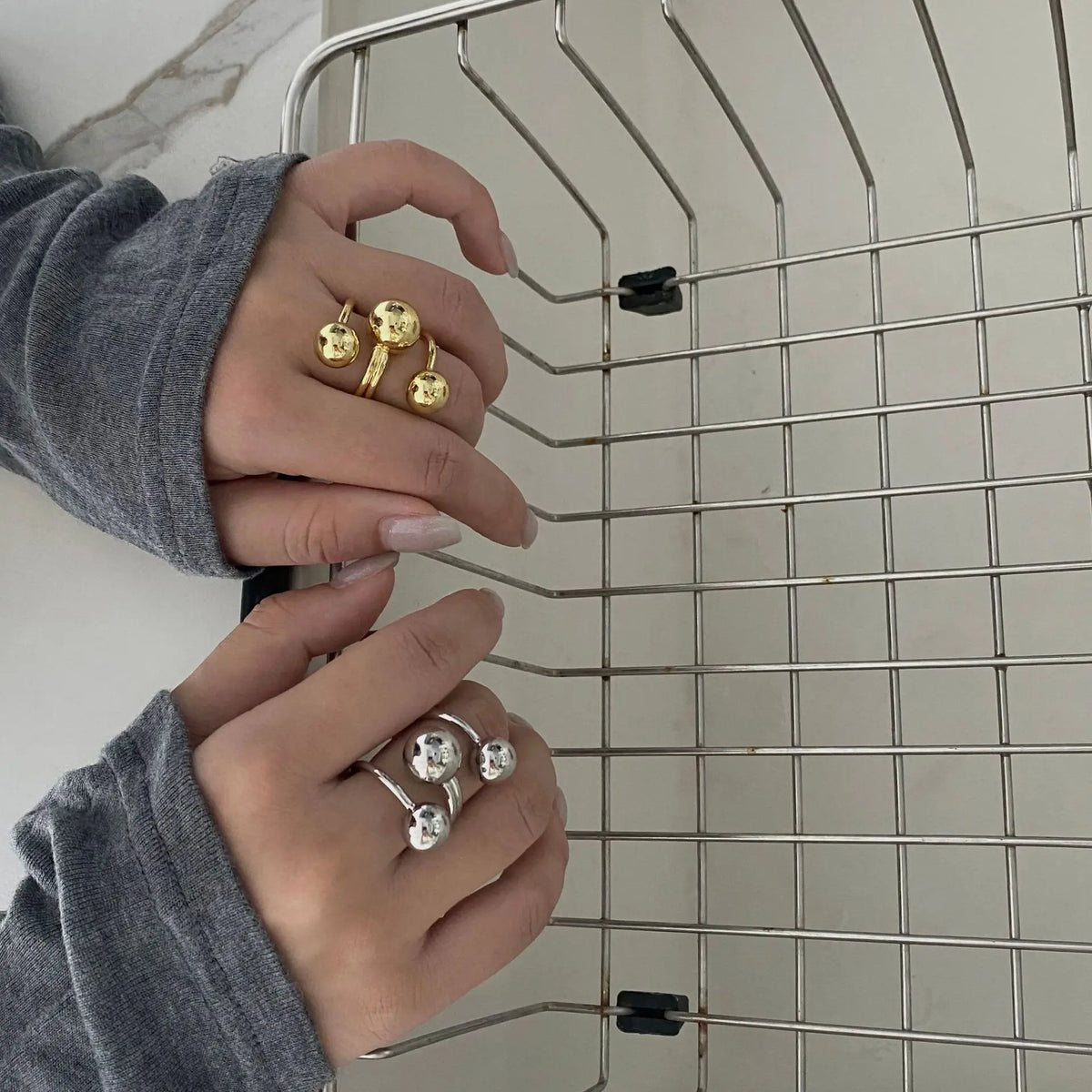LATS Exaggeration Punk Metal Personality Irregular Three-layer Design Ball-Shape Open Ring for Women Fashion Simple Jewelry G