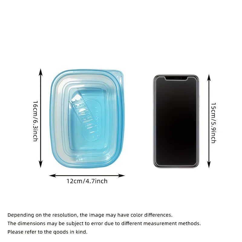 A Set of 6 Transparent Stackable Plastic Food Storage Containers with Blue Lids and Measurement Markings—Reusable, Dishwasher