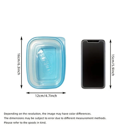 A Set of 6 Transparent Stackable Plastic Food Storage Containers with Blue Lids and Measurement Markings—Reusable, Dishwasher