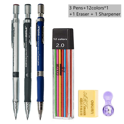 Mechanical Pencil Set 2.0 mm with 2B Black/Colors Lead Refill For Writing Sketching Art Drawing Painting School Automatic Pen