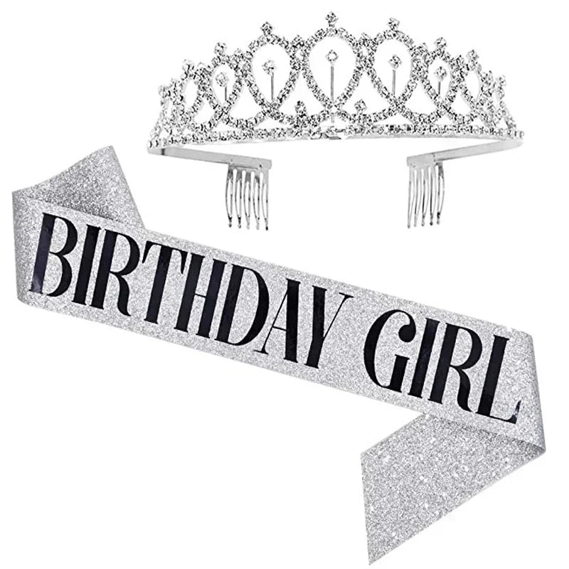 Bling Rhinestone Crystal Crown Tiara Birthday Anniversary Decoration Happy 18 21 30 40 50th Birthday Satin Sash Party Supplie