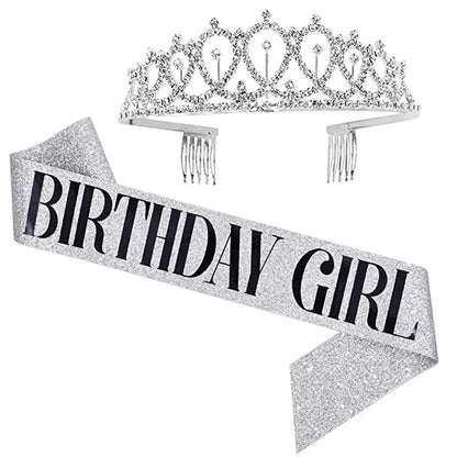Bling Rhinestone Crystal Crown Tiara Birthday Anniversary Decoration Happy 18 21 30 40 50th Birthday Satin Sash Party Supplie