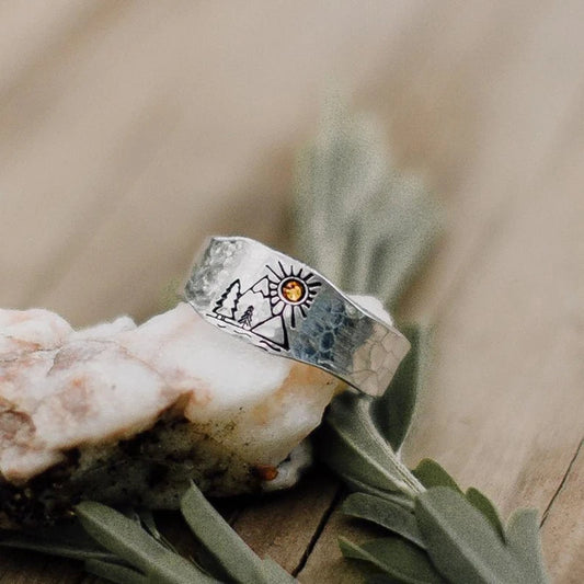 Vintage Ring Forest Mountain Sunset Nature Landscape Carved Ring for Women Men Open Adjustable Jewelry Fashion Ring
