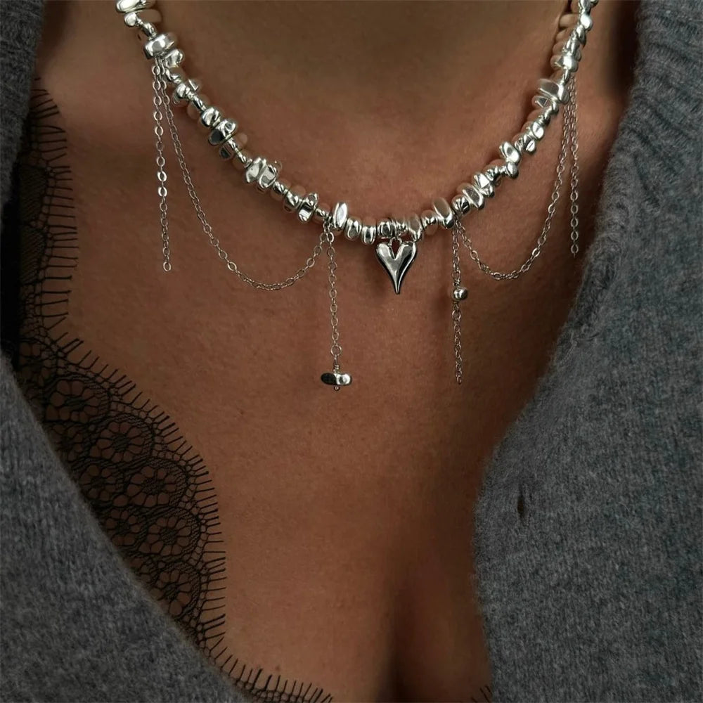 Fashion Vintage Silver Color Geometric Bead Chain Necklace For Women Female Boho Tassel Heart Pendant Jewelry