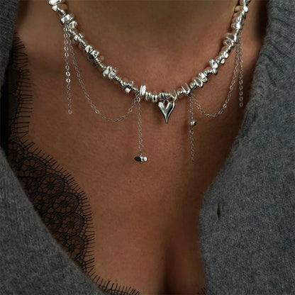 Fashion Vintage Silver Color Geometric Bead Chain Necklace For Women Female Boho Tassel Heart Pendant Jewelry