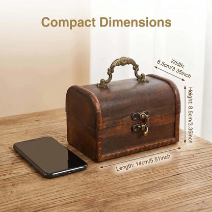 Vintage Wooden Storage Box with Carved Handle, Retro Treasure Chest for Jewelry Organizing & Antique Home Decor