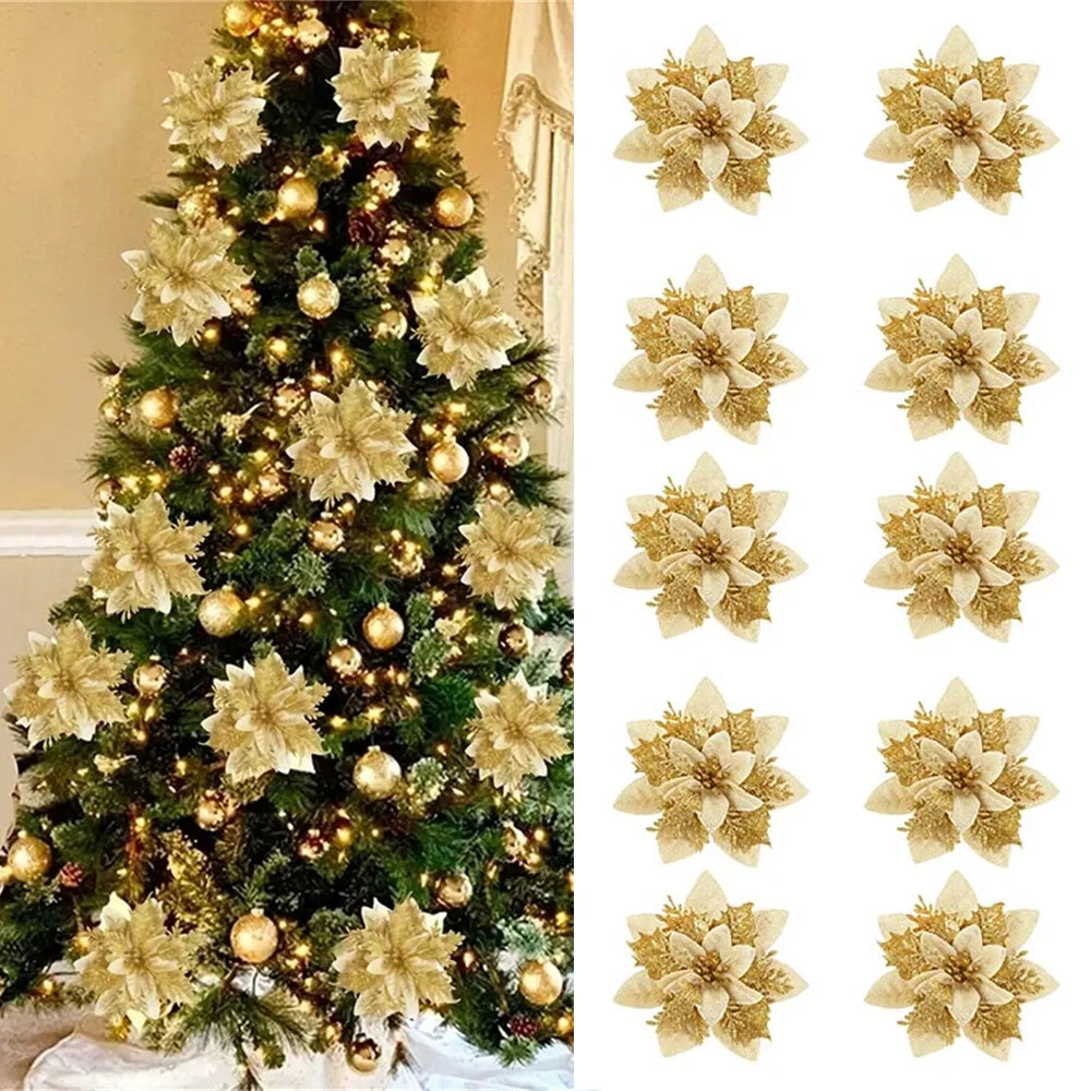 5/10pcs 14.5cm Christmas Flower Ornaments,Pink,Red,Gold,Glitter Artifical Flowers For Christmas Tree,Xmas Decoration For Home