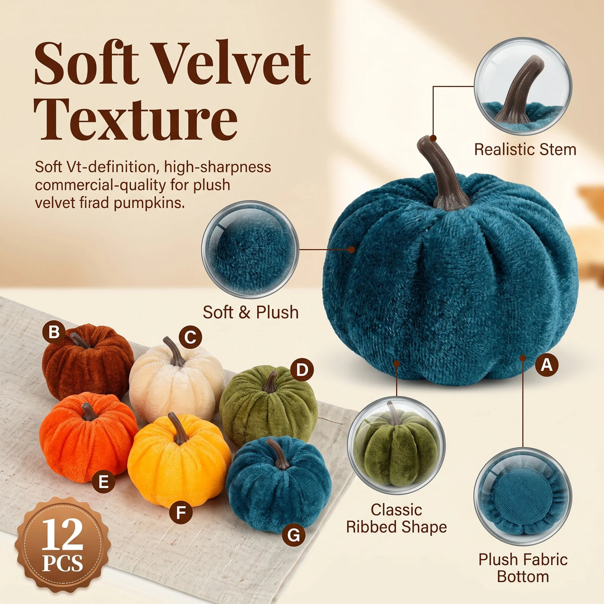 12pcs Velvet Pumpkin Decoration for Halloween Autumn Home Decor Tabletop Garden Ornaments Ideal for Thanksgiving Harvest Part