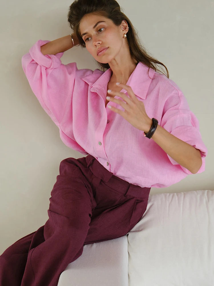 White Women's Linen Shirt Long Sleeve Elegant Pink Oversize Blouse Vintage Spring Basic Top Collar Cotton Linen Shirt for Wom