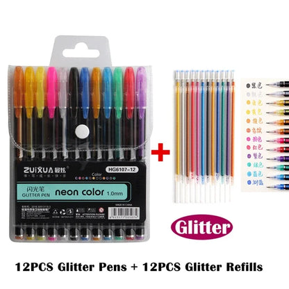 12/24Pcs Metallic Glitter Colors Gel Pens & Pen Refills For School Office Adult Coloring Book Journals Drawing Art Markers - 