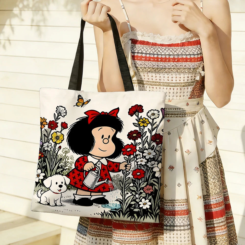 1pc Vintage Cartoon Girl and Puppy Gardening Tote Bag Featuring a cute watering scene, vibrant red accents and butterfly deta