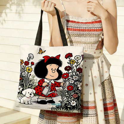 1pc Vintage Cartoon Girl and Puppy Gardening Tote Bag Featuring a cute watering scene, vibrant red accents and butterfly deta