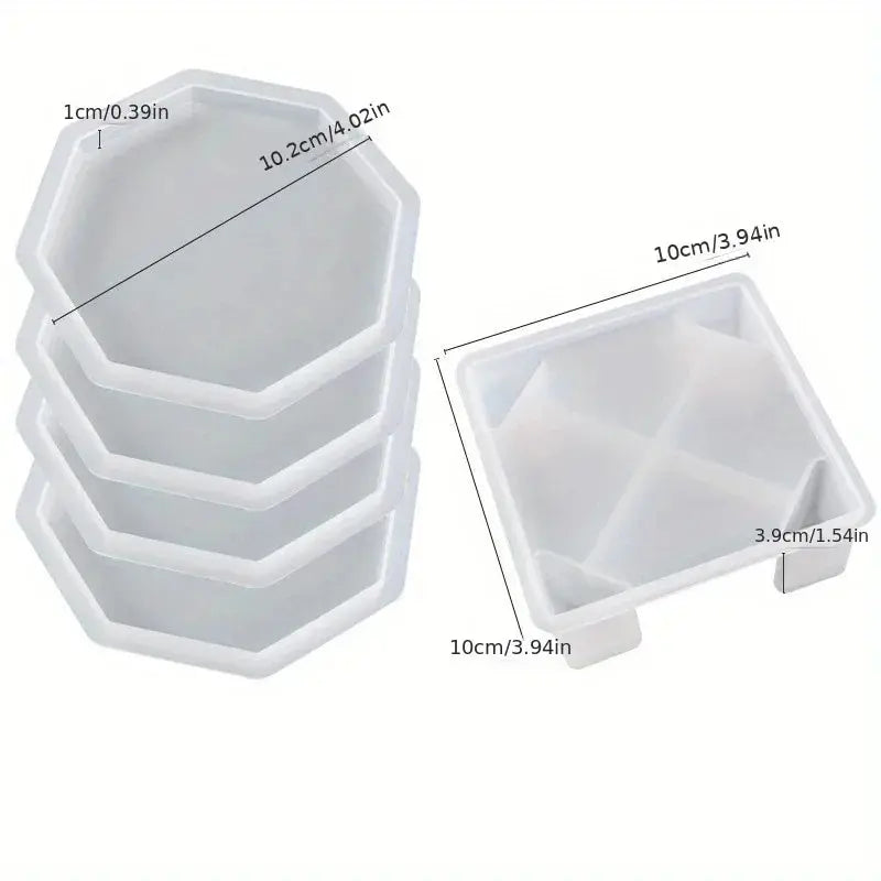 Coaster Resin Molds Set Include 1pc Coaster Storage Box Mold, 4Pcs Silicone Resin Coaster Mold for Epoxy Resin - A