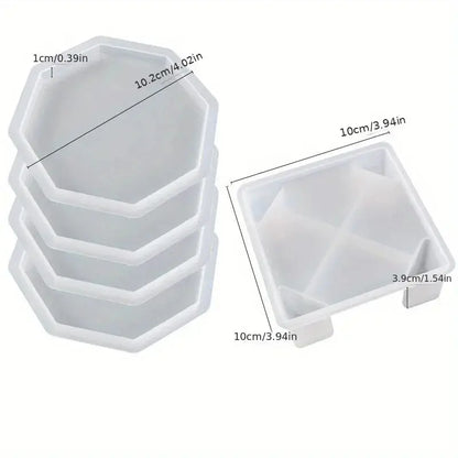 Coaster Resin Molds Set Include 1pc Coaster Storage Box Mold, 4Pcs Silicone Resin Coaster Mold for Epoxy Resin - A