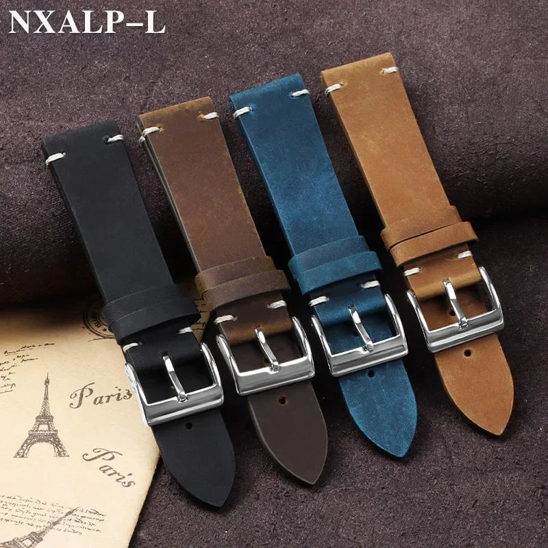 Vintage Oil Wax Leather Watch Band 18mm 20mm 21mm 22mm Handmade Stitching Cowhide Strap for Omega for Seiko Smartwatch Wristb