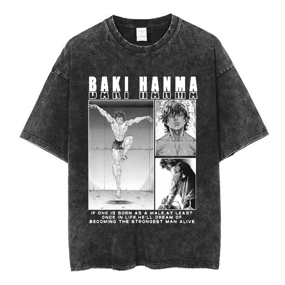 Vintage Washed T Shirt Anime Baki The Grappler T-shirt Hanma Yujiro Gym Short Sleeve T-shirts Oversized Cotton Casual Tee Shi