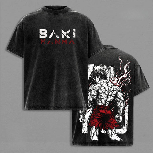 Baki Anime T-shirt Manga Printed Tshirt Men‘s Clothing Vintage Washed Oversized T Shirt Short Sleeve 100% Cotton Tees Tops