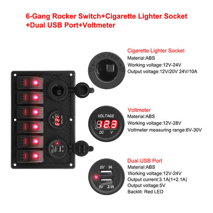24V 12V 6 Buttons Switch Panel With Digital Voltmeter Tester USB Chargers 3.0 Light Toggle Car Power Adapter Marine Boat Cara