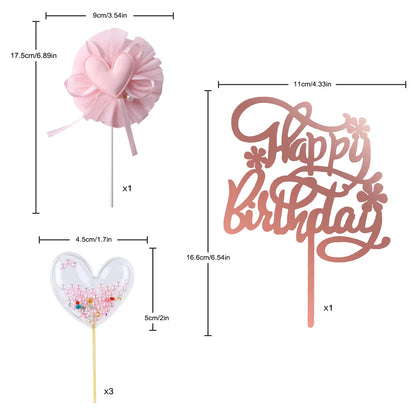 Restards Rose Gold Happy Birthday Cake Topper Heart Pink Pearls Cupcake Toppers for Girls Princess Party Decorations Supplies