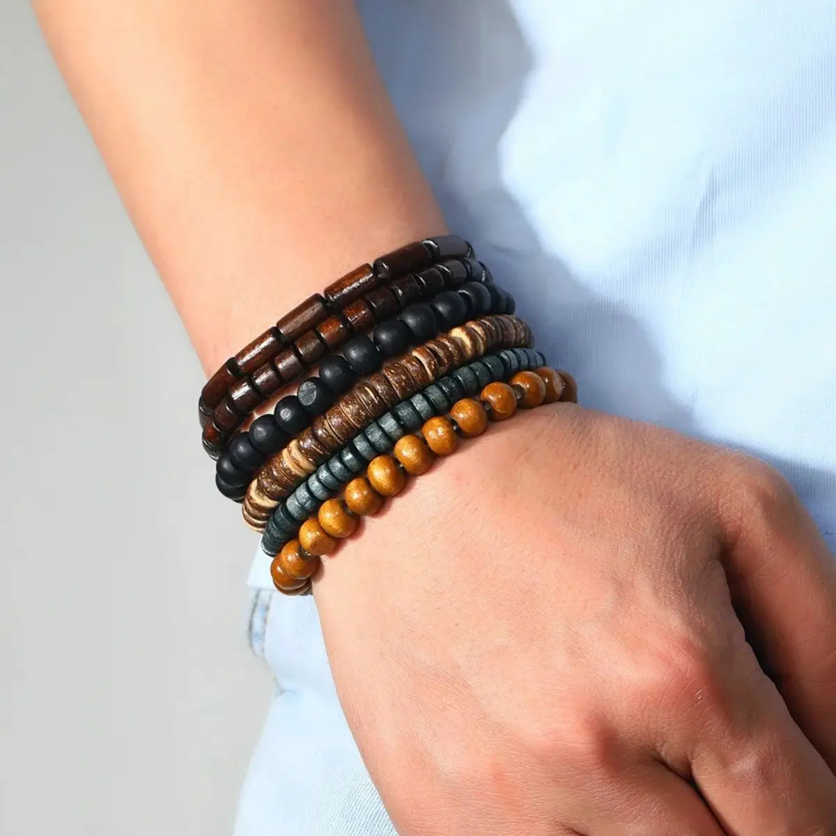 6PCS Wodeen Braided Wrap Leather Bracelet for Men Vintage Life Wood Beads Fashion Male Armband