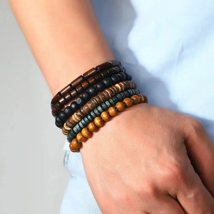 6PCS Wodeen Braided Wrap Leather Bracelet for Men Vintage Life Wood Beads Fashion Male Armband