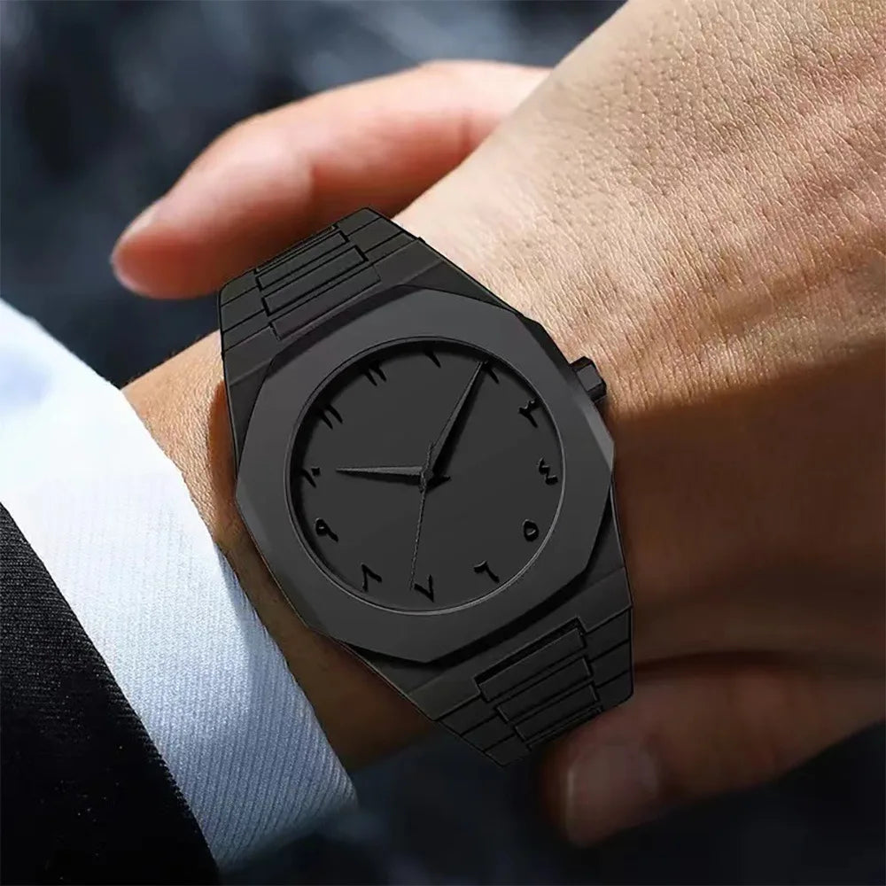 New Fashionable Men's Watch Simple Black Male Quartz Watches Arabic Digital Casual Drip Oil Strap