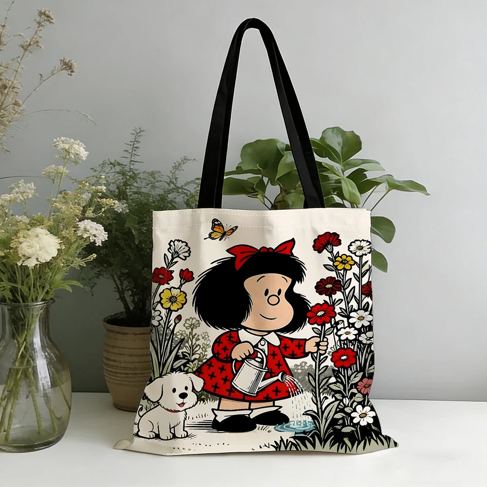 1pc Vintage Cartoon Girl and Puppy Gardening Tote Bag Featuring a cute watering scene, vibrant red accents and butterfly deta