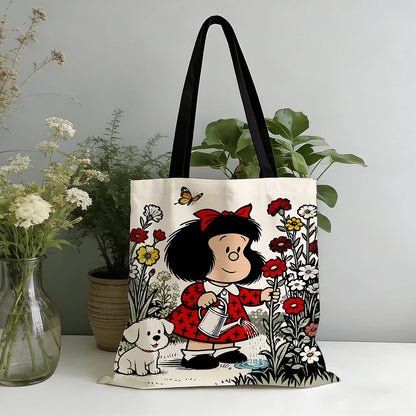 1pc Vintage Cartoon Girl and Puppy Gardening Tote Bag Featuring a cute watering scene, vibrant red accents and butterfly deta