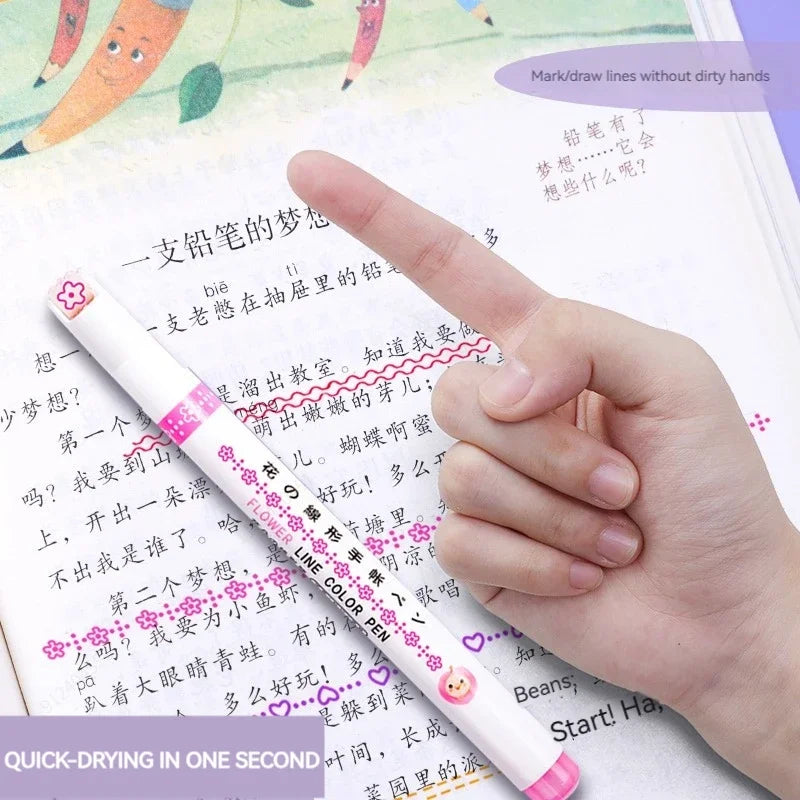 6Pcs/Set Flower Line Shape Highlighter Pen Roller Tip Curve Liner Marker Kawaii Korean Stationery School Office Supplies Gift