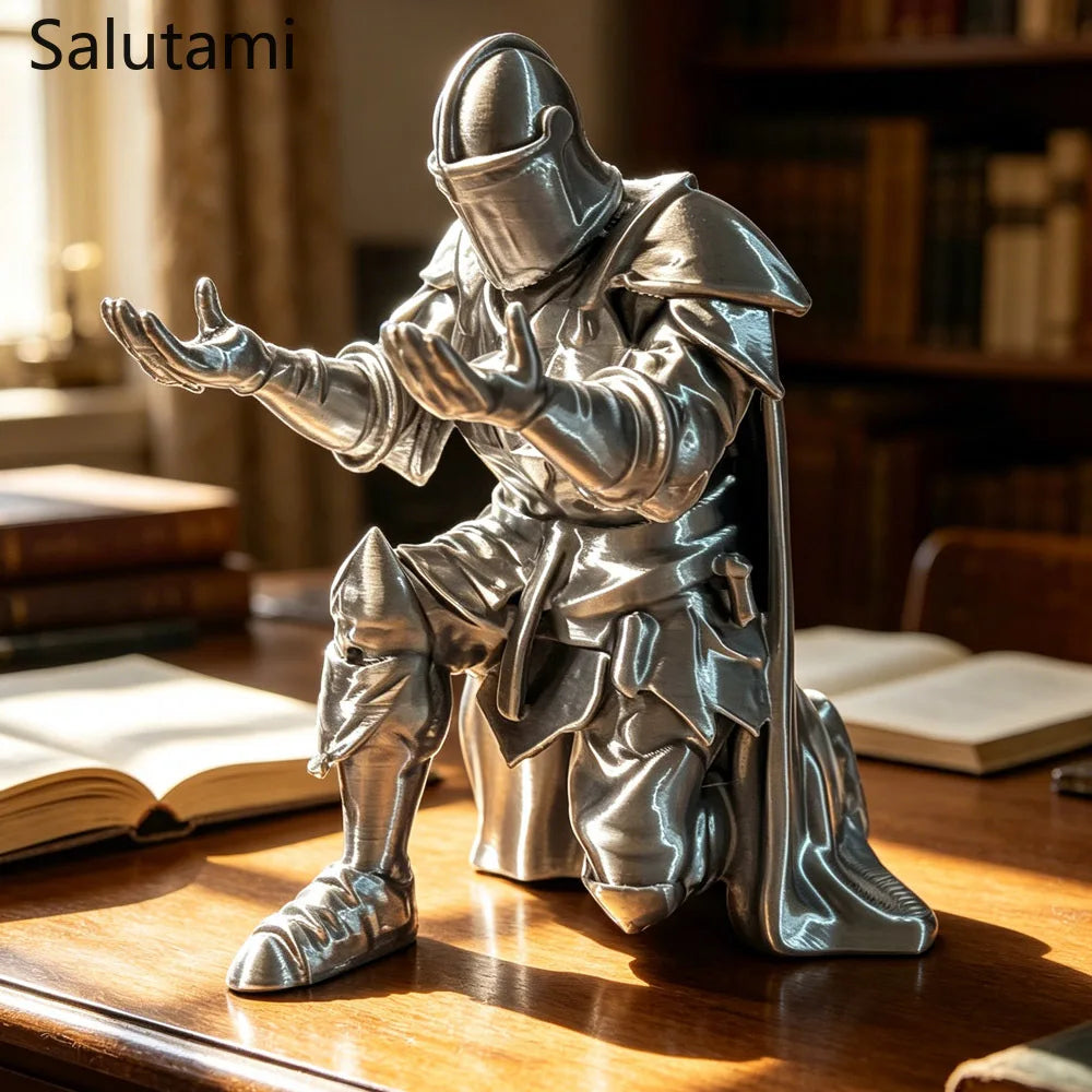 Pen Holder 3D Printed Medieval Knight Black Silver Warrior Statue Desk Organizer Creative Office Desktop Decor Stationery Gif