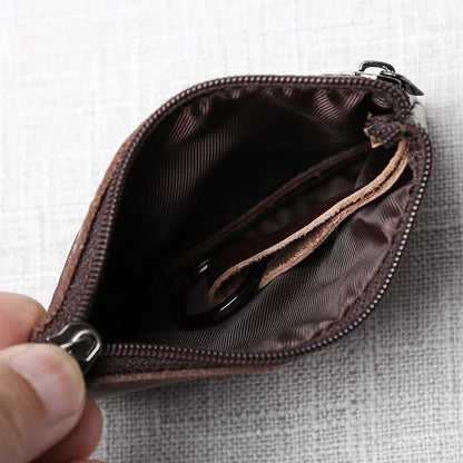 Leather Mini Coin Purse Unisex Simple Portable First Layer Cowhide Retro Handmade Zipper Small Wallet Key Case