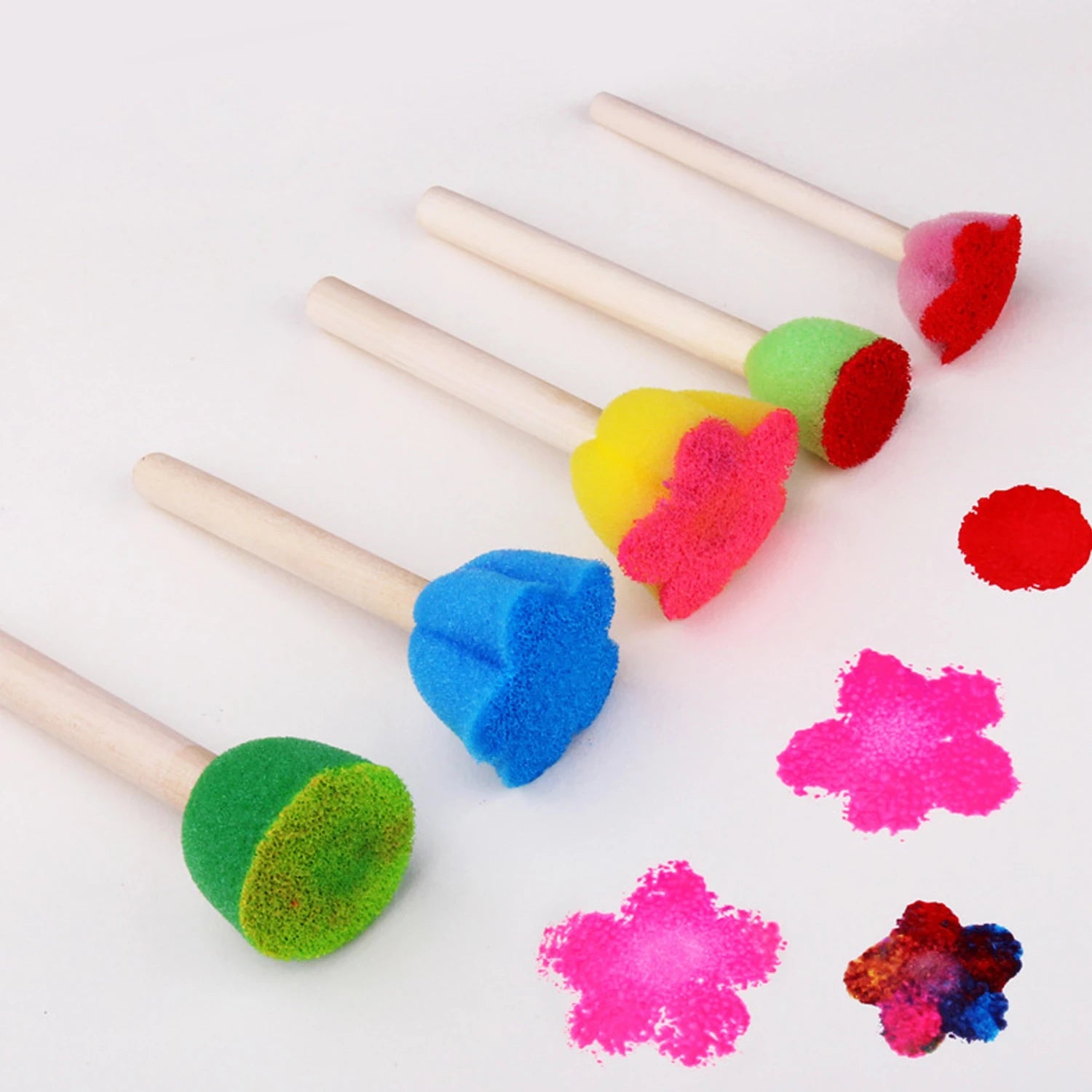 Foam Sponge Brush with Wooden Handle Round Flower Multi Size Painting Tools for Kids Children DIY Acrylic Watercolor Varnishe
