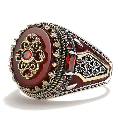 Retro Handmade Turkish Signet Ring for Men Vintage Silver Color Carving Pattern Inlay Green Zircon Party Punk Motor Biker Rin