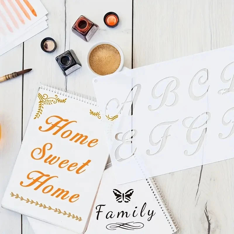 12PCS 8.3x5.5inch Cursive Alphabet Stencils with Numbers & Symbols Reusable Letter Templates for DIY Signs Blackboard Fabric 