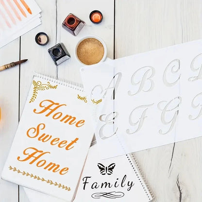 12PCS 8.3x5.5inch Cursive Alphabet Stencils with Numbers & Symbols Reusable Letter Templates for DIY Signs Blackboard Fabric 
