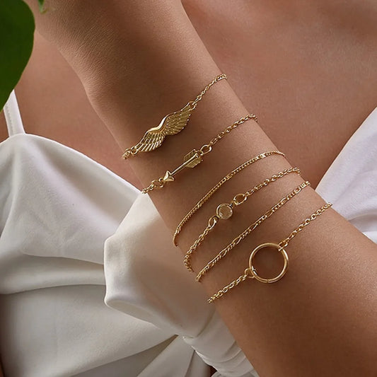 6Pcs/set Vintage Stone Moon Bracelet Set for Women Bohemian Geometric Gold Silver Color Tassel Metal Bracelets Jewelry Gift
