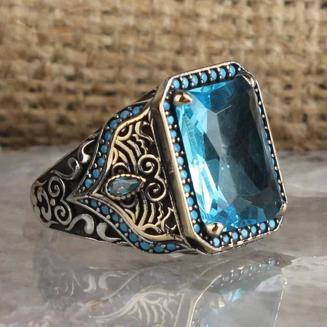 Retro Handmade Turkish Signet Ring for Men Vintage Silver Color Carving Pattern Inlay Green Zircon Party Punk Motor Biker Rin