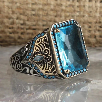 Retro Handmade Turkish Signet Ring for Men Vintage Silver Color Carving Pattern Inlay Green Zircon Party Punk Motor Biker Rin