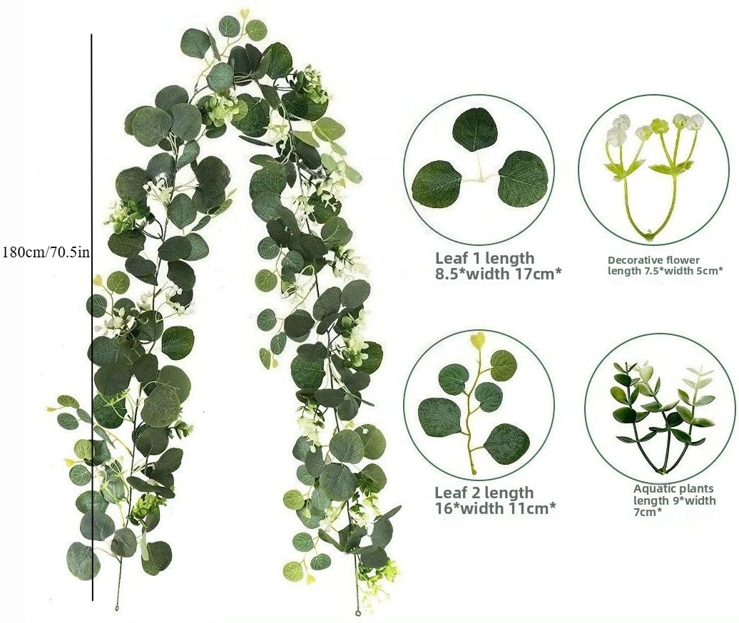 180cm Artificial Eucalyptus Garland with White Flowers for Home Festival Wall Hanging Garden Wedding Backdrop Arch Party Deco
