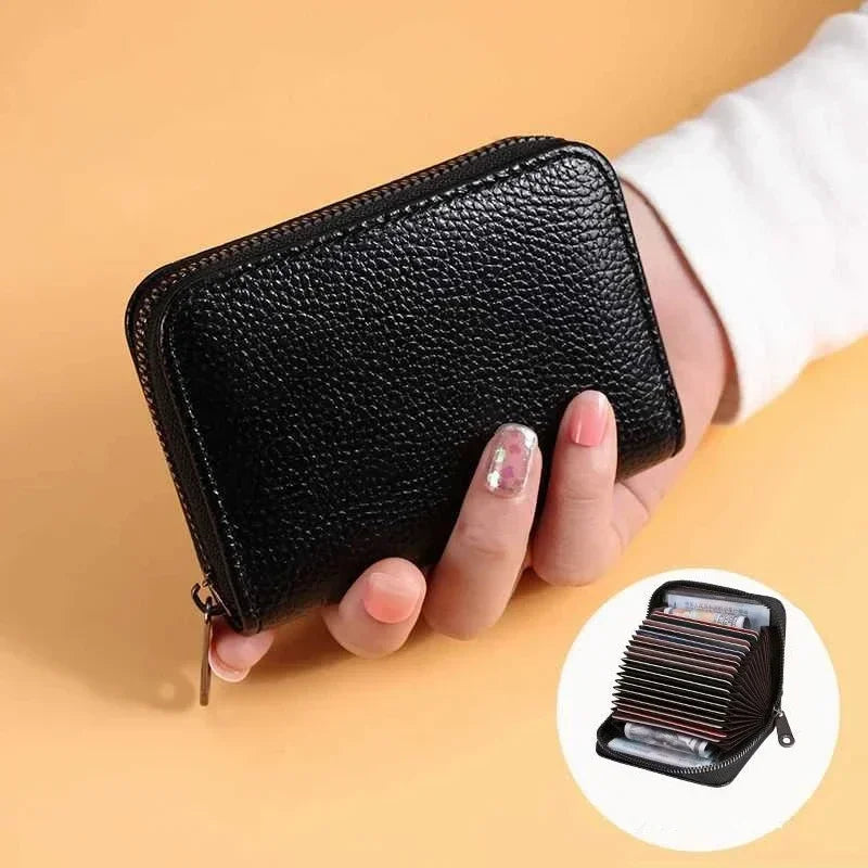 Multi Slot Card Holder Vintage Small Wallet Women Men Business Bank Credit Card Bag Male Coin Pouch Solid Leather Zipper Wall