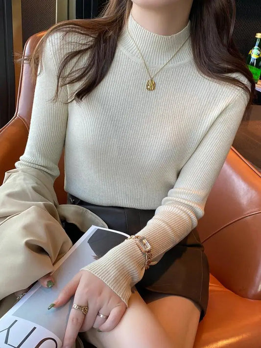 Autumn Winter Mock Neck Women Sweater Vintage Basic Solid Knitted Korean Tops Casual Slim Pullover Sweaters Simple Chic Jumpe