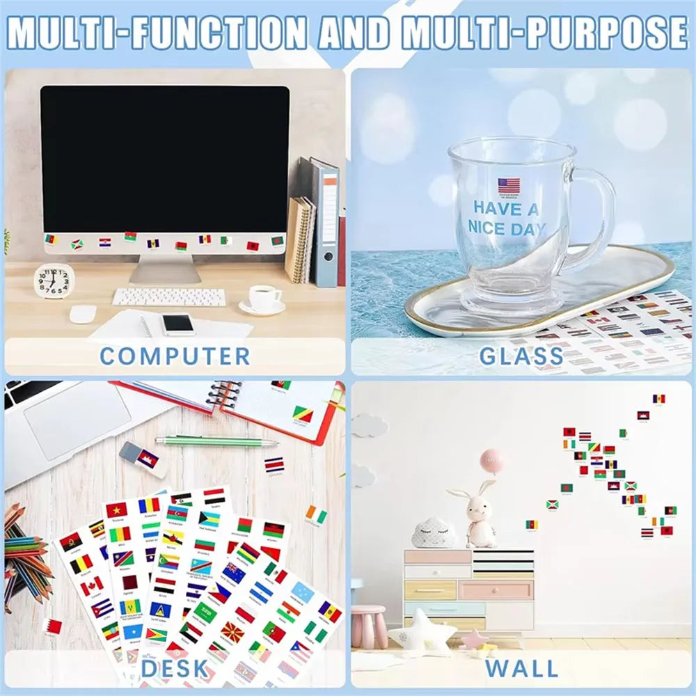 6 Sheets World Flag Stickers Self-Adhesive 192 Countries PVC Planner Travel Stickers Face Stickers for Theme Parties Journal