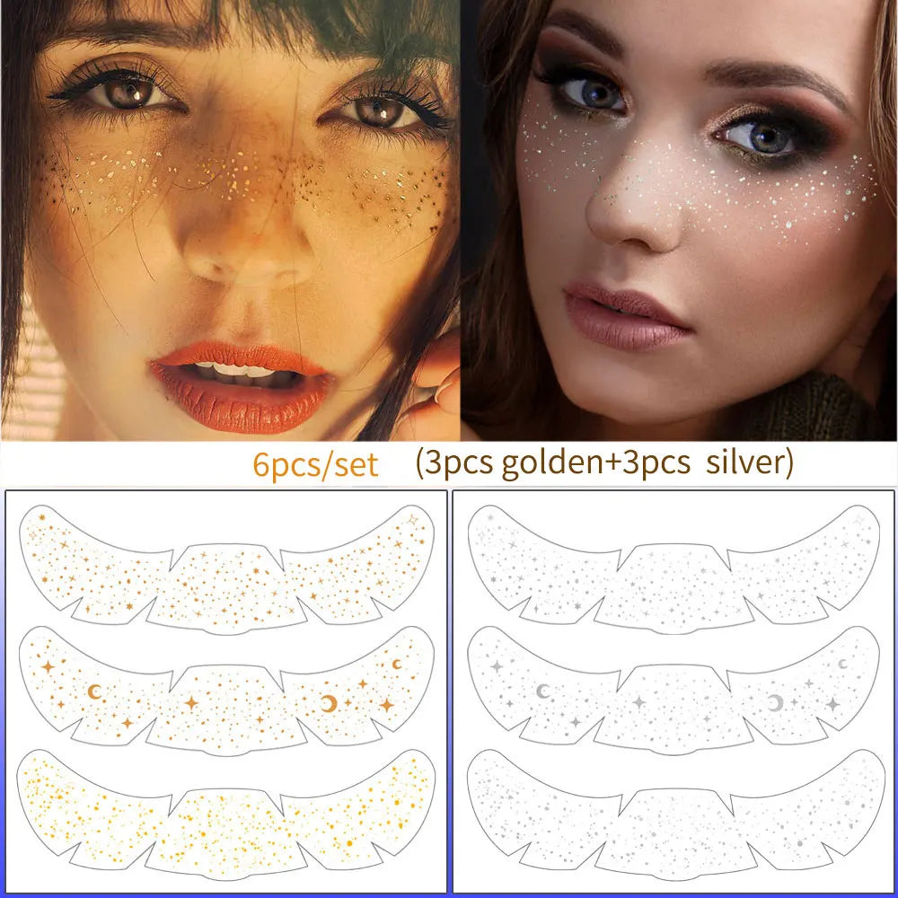 6pcs Freckle Tattoo Stickers Gold Silver Metallic Temporary Tattoo Stickers For Women Glitter Face Decals for Music Festival 
