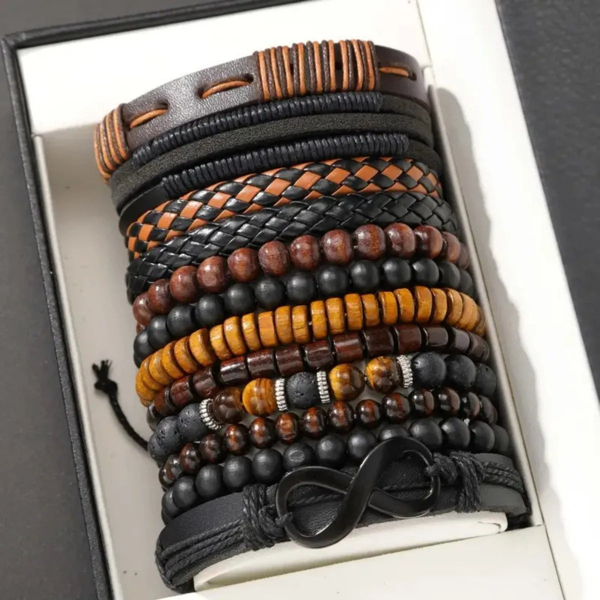 12 Pieces Vintage Woven Faux Leather Tiger's Eye & Moonstone Bead Bracelet Set for Casual Party Fashion Accessories (Box Not 