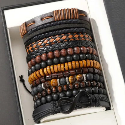 12 Pieces Vintage Woven Faux Leather Tiger's Eye & Moonstone Bead Bracelet Set for Casual Party Fashion Accessories (Box Not 