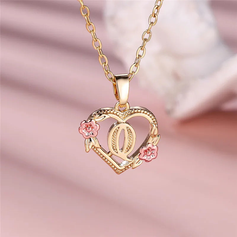 Female A-Z Letter Flower Pendant Necklace Yellow Gold Color Wedding Jewelry Gift For Women - Q