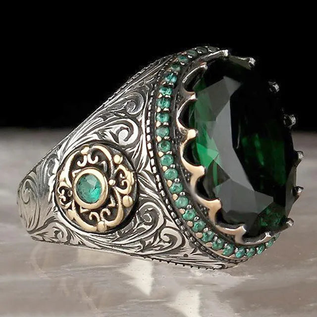 Retro Handmade Turkish Signet Ring for Men Vintage Silver Color Carving Pattern Inlay Green Zircon Party Punk Motor Biker Rin