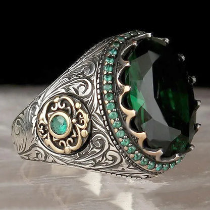 Retro Handmade Turkish Signet Ring for Men Vintage Silver Color Carving Pattern Inlay Green Zircon Party Punk Motor Biker Rin