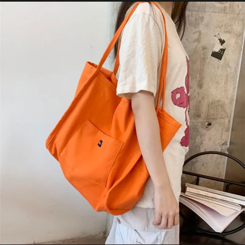 Canvas Bag Reusable Shopping Shoulder Bag Women Simple Casual Daily Use Handbag Totes Female Portable Folding Purse - orange