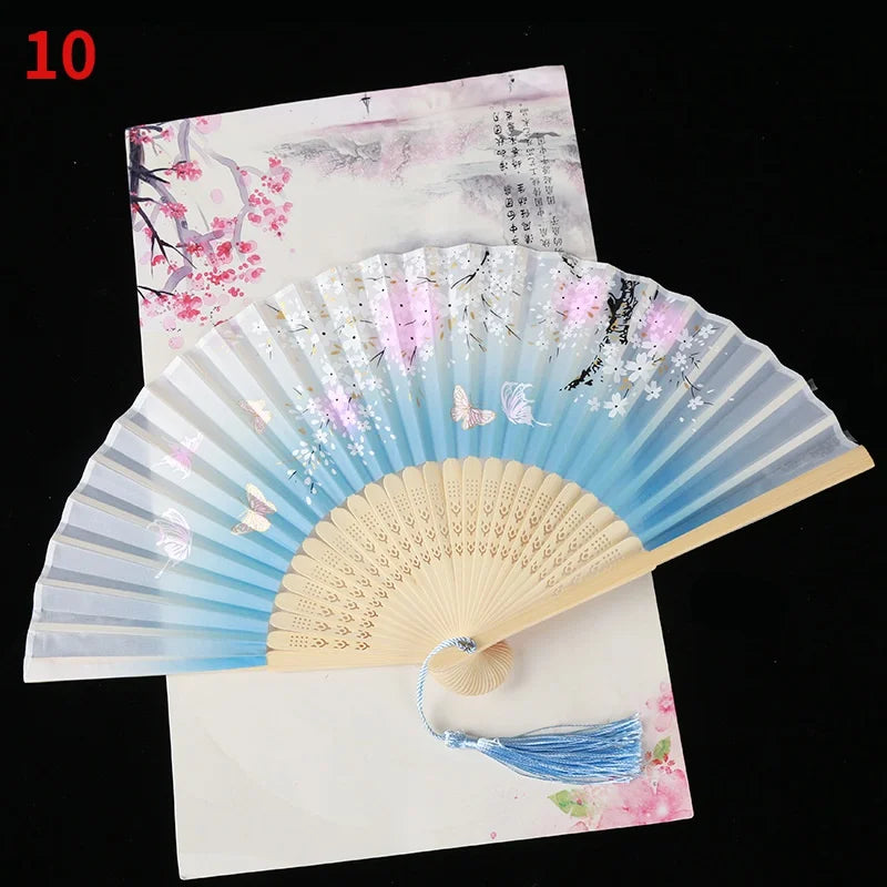 1Pc Vintage Silk Folding Fan Retro Chinese Japanese Bamboo Folding Fan Tassel Dance Hand Fan Home Decoration Ornament Craft G